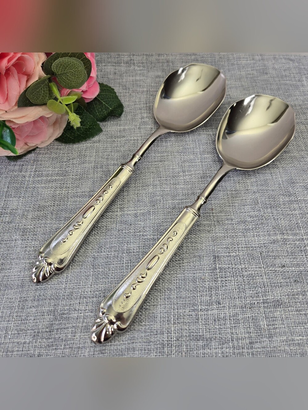 Vintage LBL Italy Silverplate Serving Spoons Set of 2 Ornate Baroque Fan Pattern
